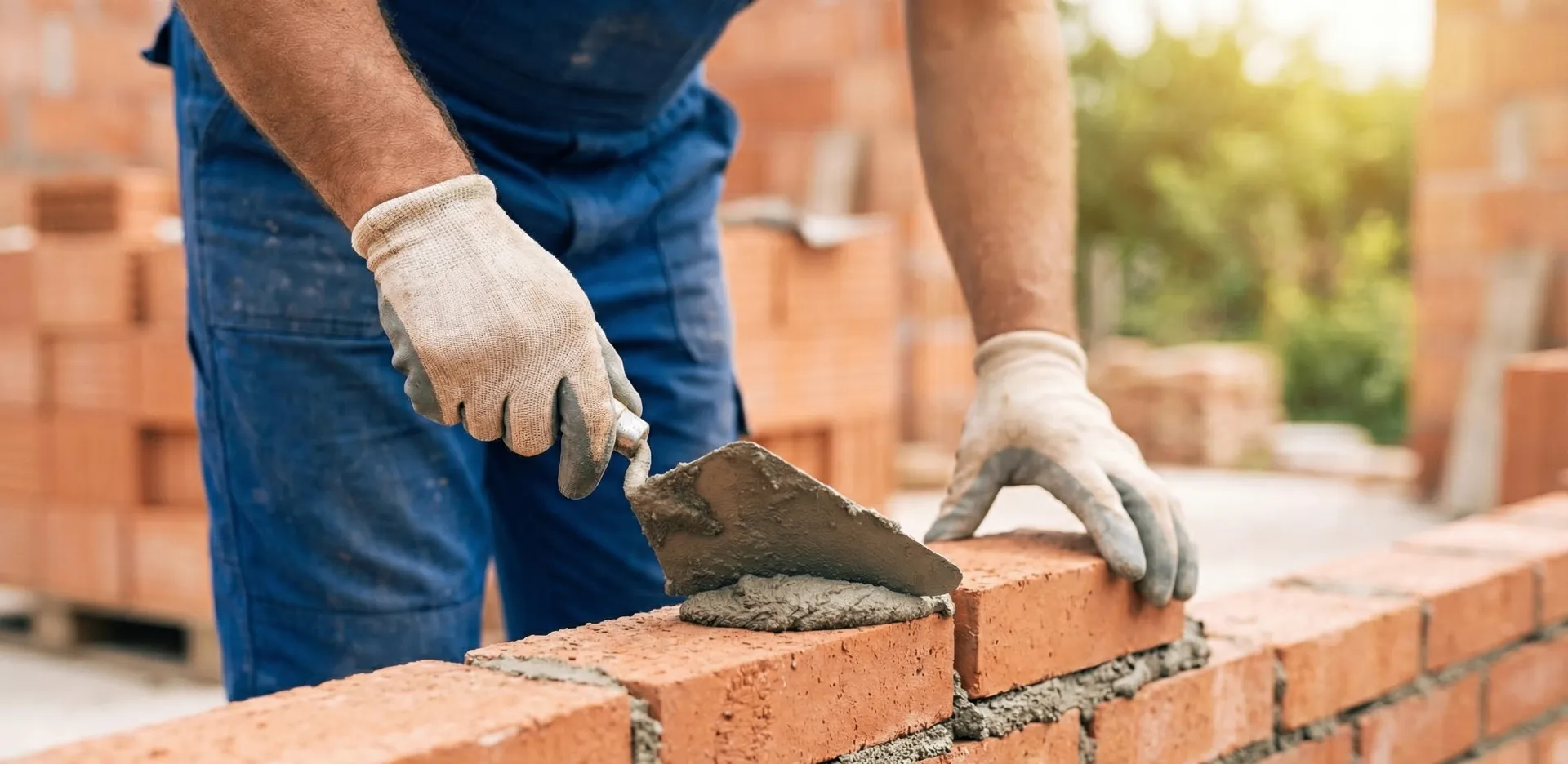 Maçon de l'entreprise Six Frères posant une brique sur un chantier